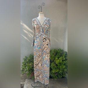 Vtg 70s Emilio Pucci classic maxi dress silk polyester jersey beige blue black S